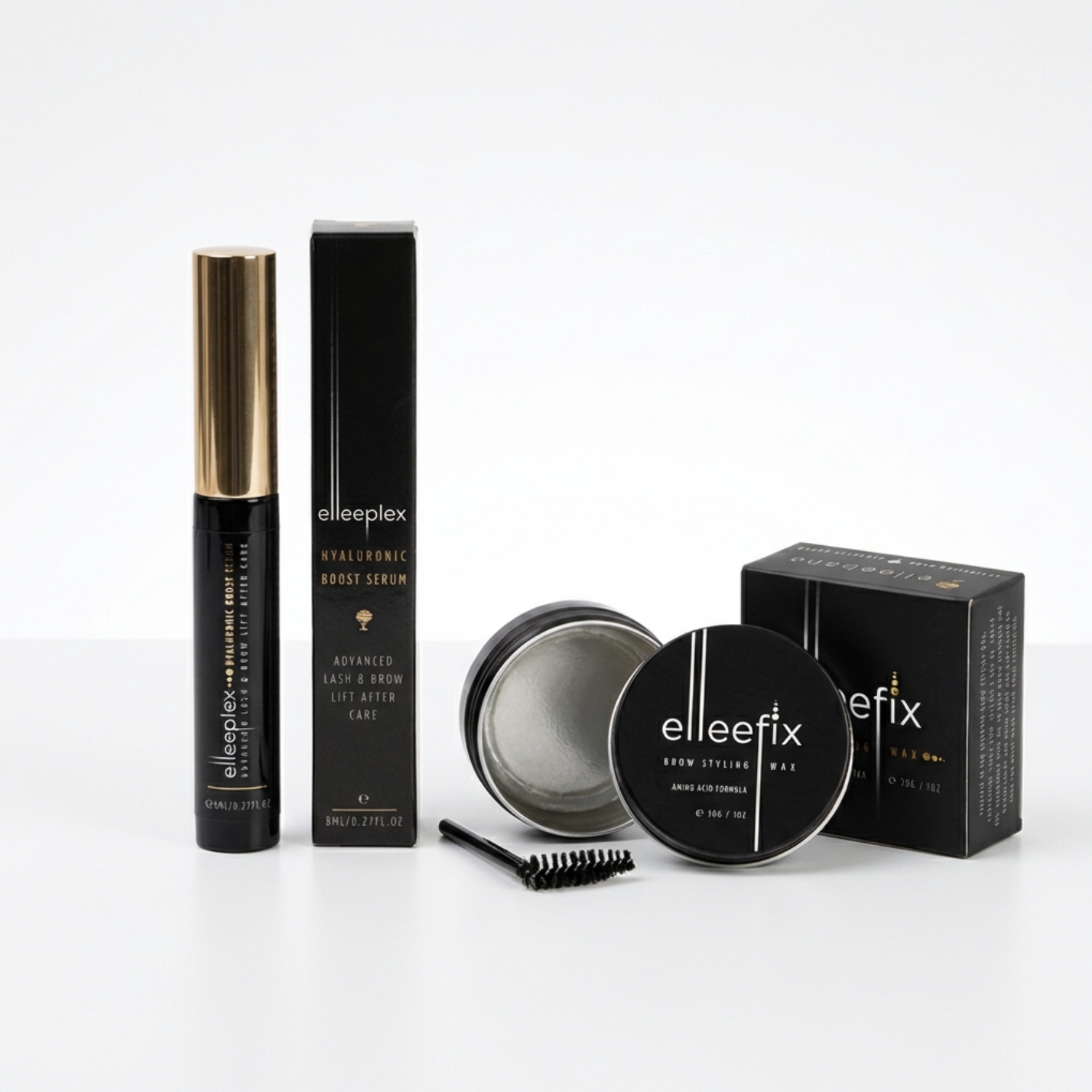 Retail duo set featuring the Hyaluronic Boost Serum bottle alongside a tin of Elleefix Brow Styling Wax on a clean background.