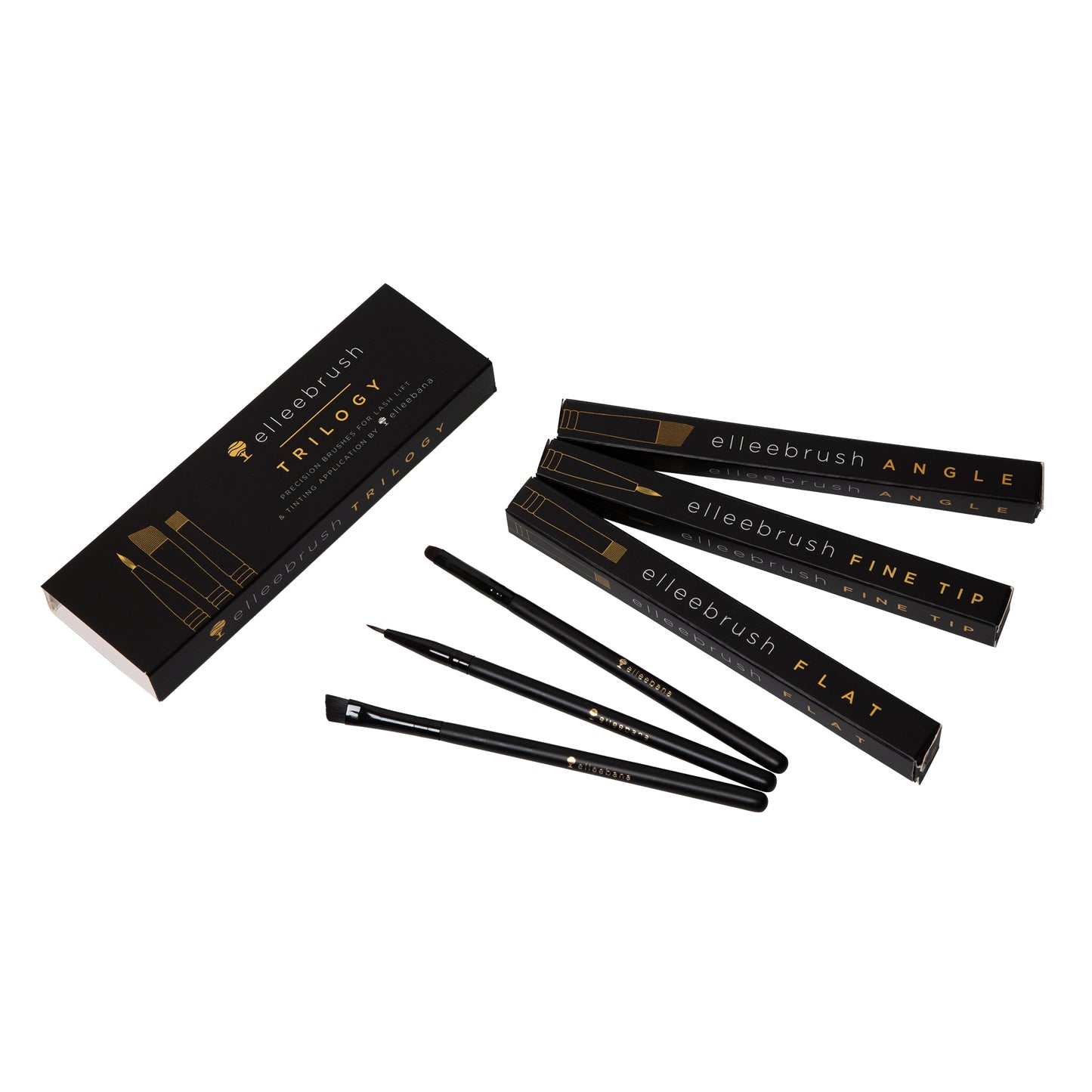 ElleeBRUSH Trilogy Set featuring Angle Tip, Fine Tip, and Flat Tip synthetic brushes designed for precise lotion application, brow tinting, and lash lifting.