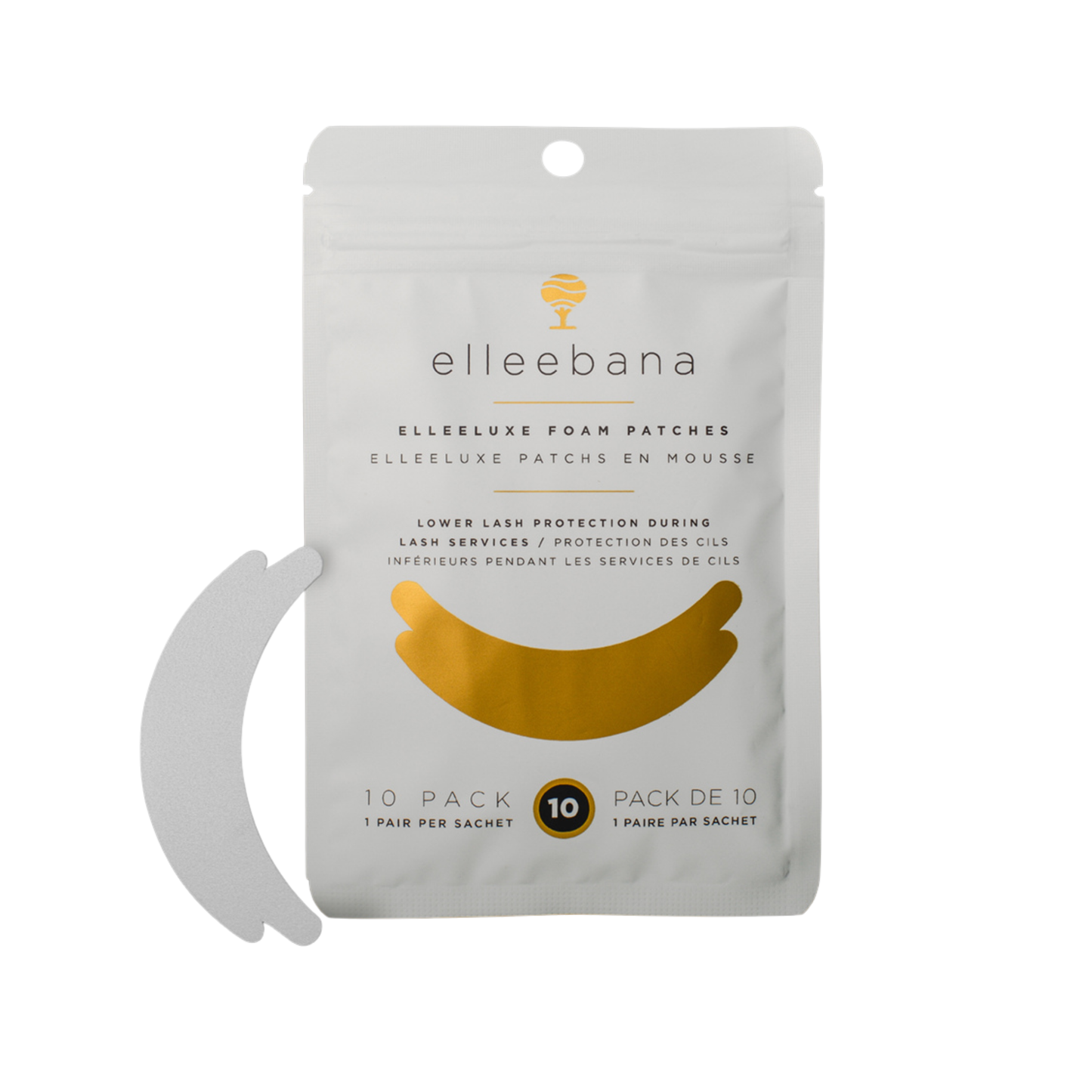 Pack of 10 white ElleeLUXE Foam Patches designed for under-eye isolation during eyelash extension and lash lift treatments.