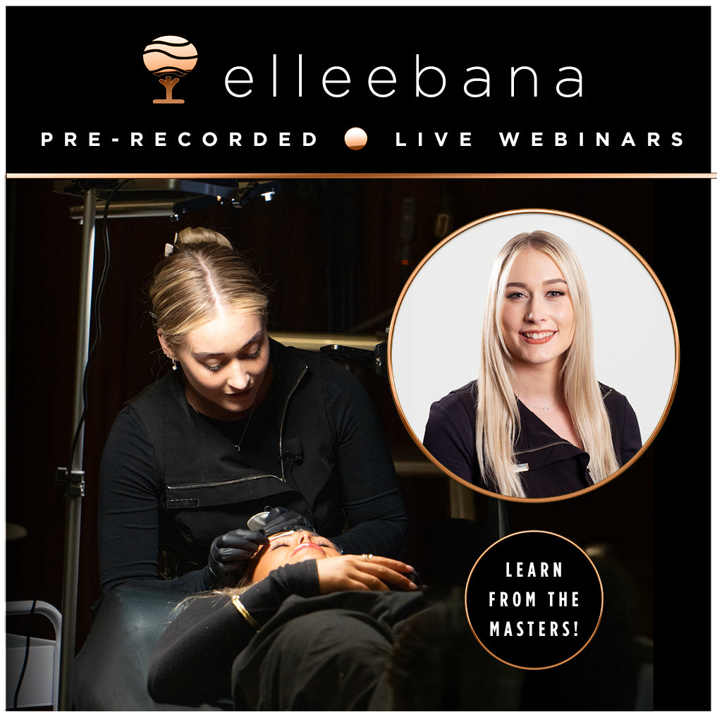 Online webinar access graphic for Elleebana's Lash Logic masterclass, hosted by Master Educator Lauren Borowski, covering lotion selection, adhesives, and lash shield techniques.