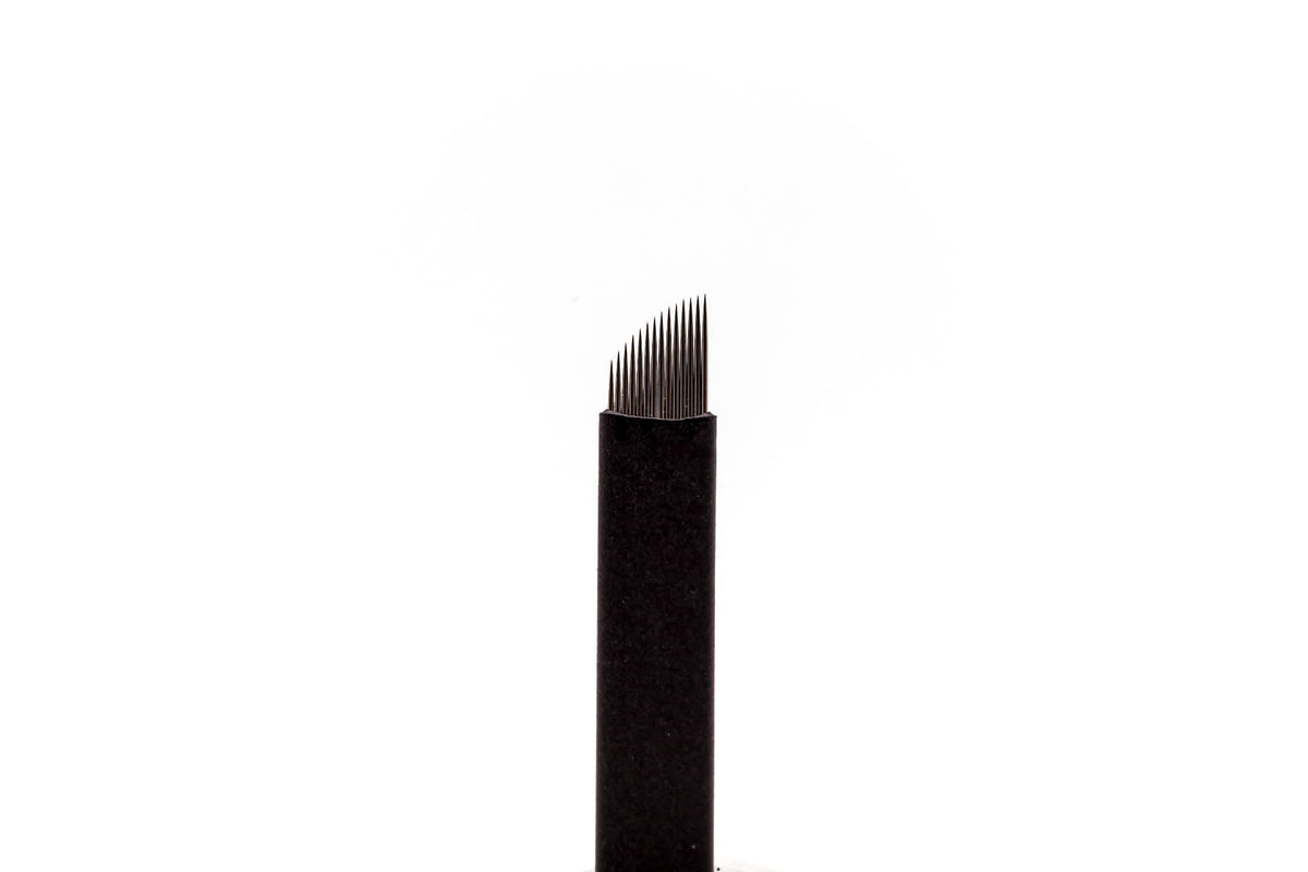 Pack of sterile, individually wrapped 0.18mm 14-pin double-sharpened stainless steel microblading blades, designed for creating ultra-fine, longer hair strokes on larger brow shapes.