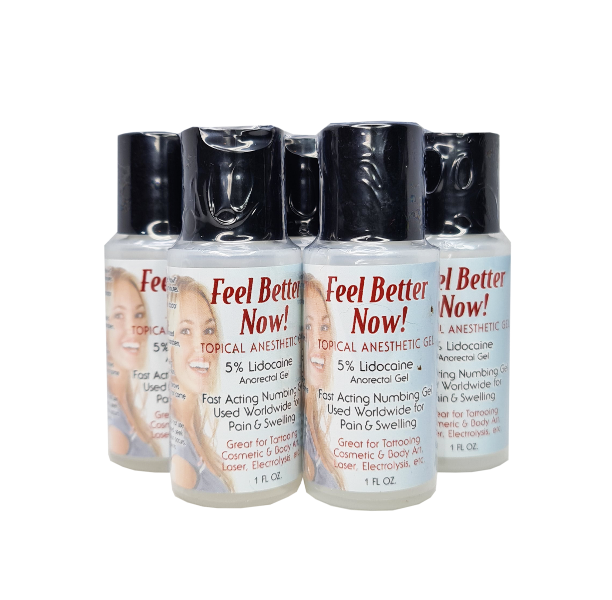 5-pack bundle of Feel Better 30ml secondary numbing gel, formulated for rapid in-procedure soothing relief and discomfort reduction during permanent makeup, microblading, and tattoo treatments.