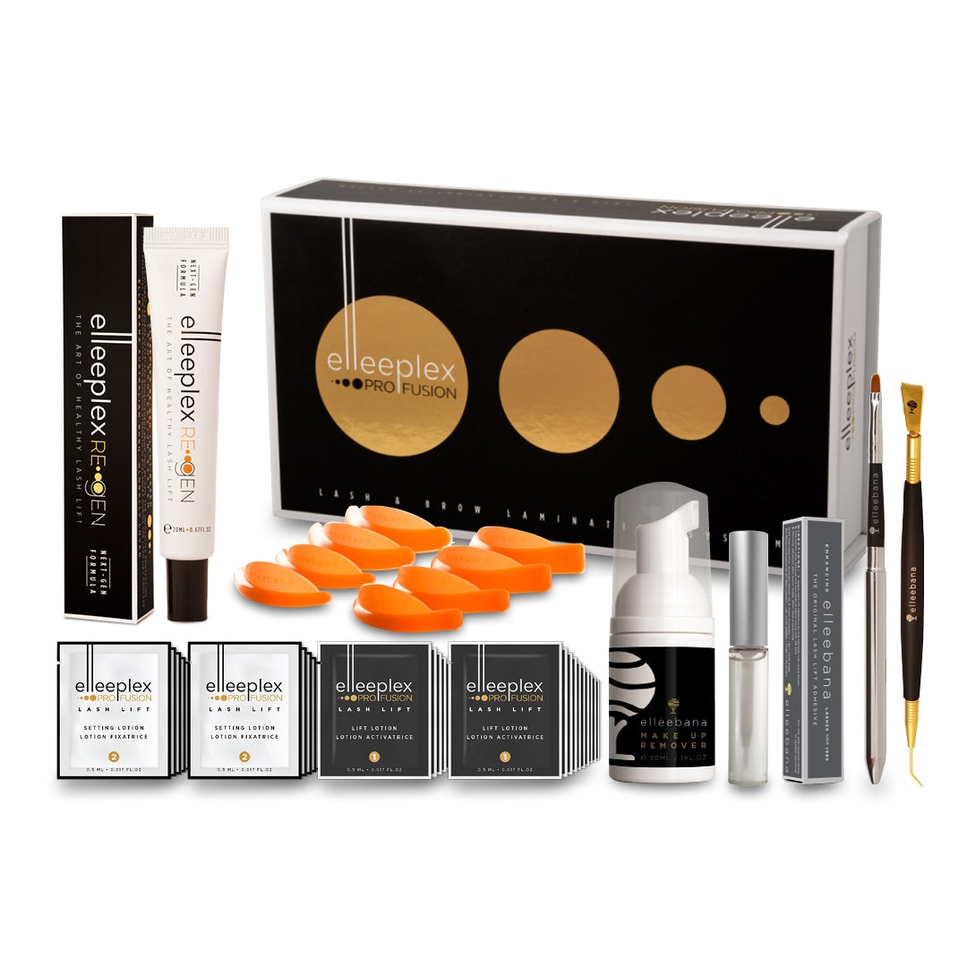 Online beginners training course package for Elleebana Elleeplex Profusion lash lamination, including step-by-step digital modules, a physical student manual, and a complete starter kit for up to 15 treatments.