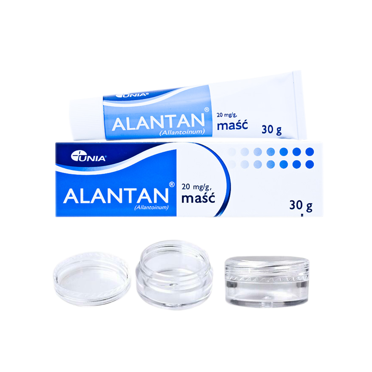 Alantan healing balm tube with 10 empty sample jars for client aftercare, formulated to moisturize skin during and after permanent makeup procedures.