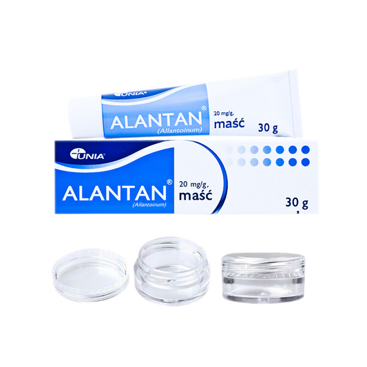 Alantan healing balm tube with 10 empty sample jars for client aftercare, formulated to moisturize skin during and after permanent makeup procedures.