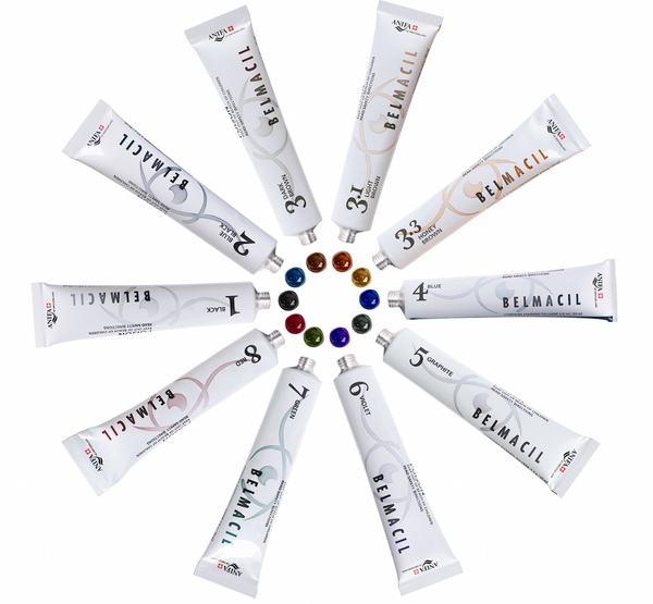 Full range of 11 Belmacil eyelash and eyebrow tint tubes and packaging options made with a Swiss formula.