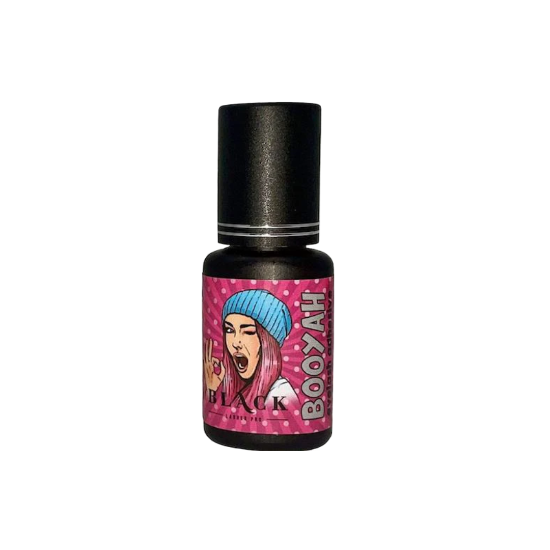 5ml bottle of Booyah fast-drying 0.5-second black eyelash extension adhesive, formulated for high-speed classic and volume lash application with 40-70% humidity tolerance.