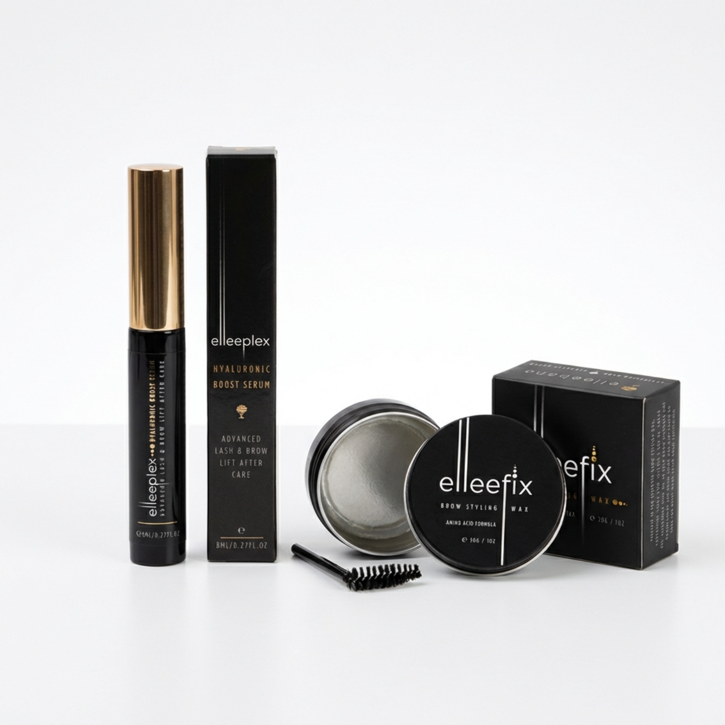 Retail duo set featuring the Hyaluronic Boost Serum bottle alongside a tin of Elleefix Brow Styling Wax on a clean background.