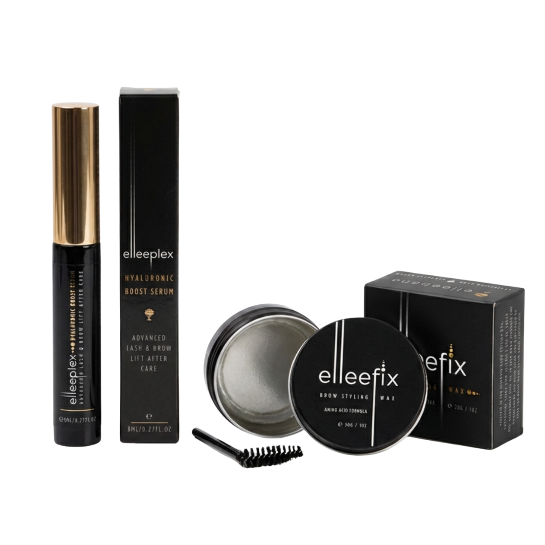 Retail duo set featuring the Hyaluronic Boost Serum bottle alongside a tin of Elleefix Brow Styling Wax on a clean background.