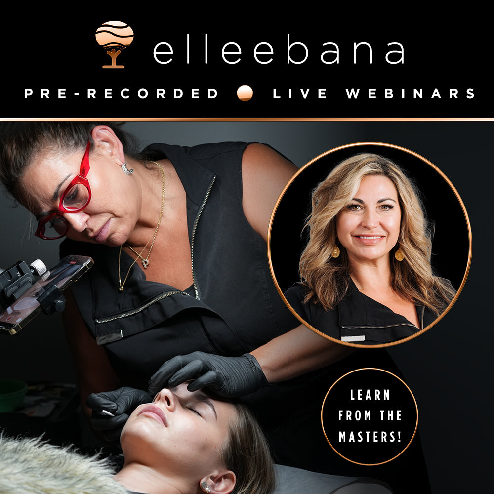 Promotional graphic for the Elleebana online webinar "Brow Lamination from Basics to Brilliance," presented by Master Educator Paige Langley, covering brow correction techniques, cysteamine solutions, and skin pH.