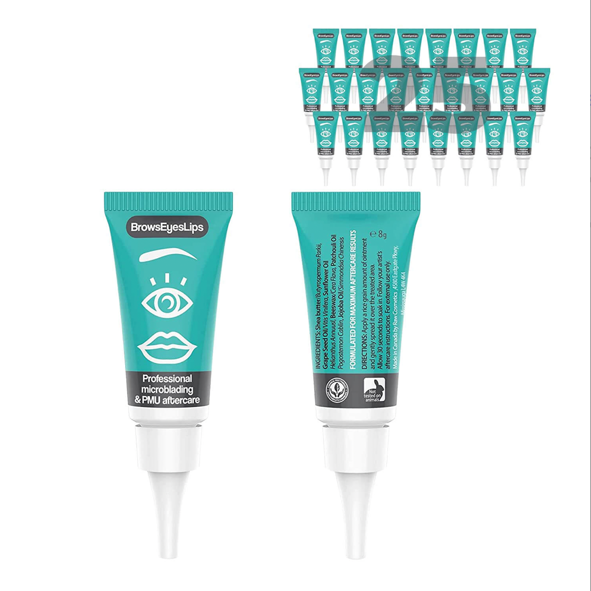 8g tube of BrowsEyesLips PMU and microblading aftercare ointment, formulated with natural ingredients like shea butter and jojoba oil to enhance pigment retention and support skin healing post-procedure.