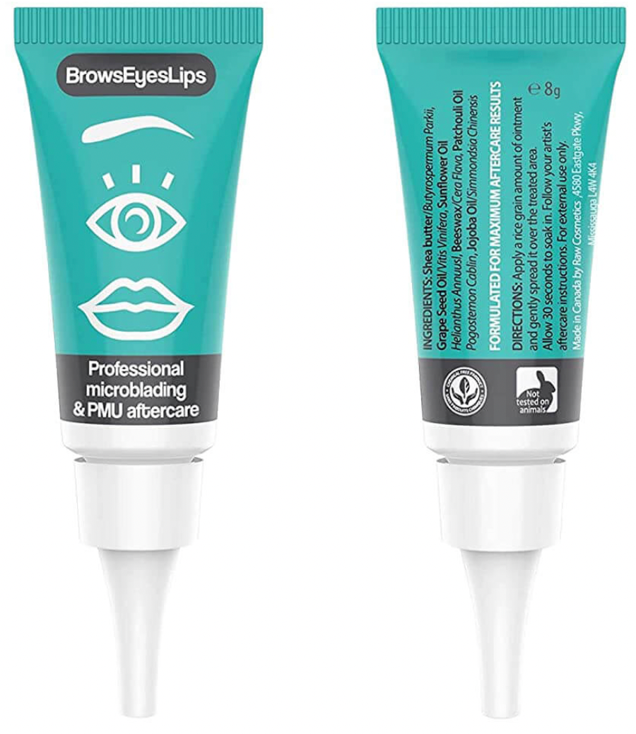 8g tube of BrowsEyesLips PMU and microblading aftercare ointment, formulated with natural ingredients like shea butter and jojoba oil to enhance pigment retention and support skin healing post-procedure.