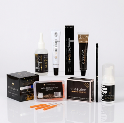 Complete Elleebana professional brow lamination kit displaying Elleeplex ProFusion lotions, ReGEN treatment, cleanser, tint or hybrid stain options, brow wrap, and application tools on a clean studio background.
