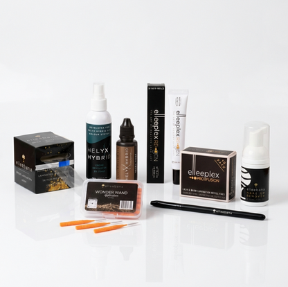 Complete Elleebana professional brow lamination kit displaying Elleeplex ProFusion lotions, ReGEN treatment, cleanser, tint or hybrid stain options, brow wrap, and application tools on a clean studio background.