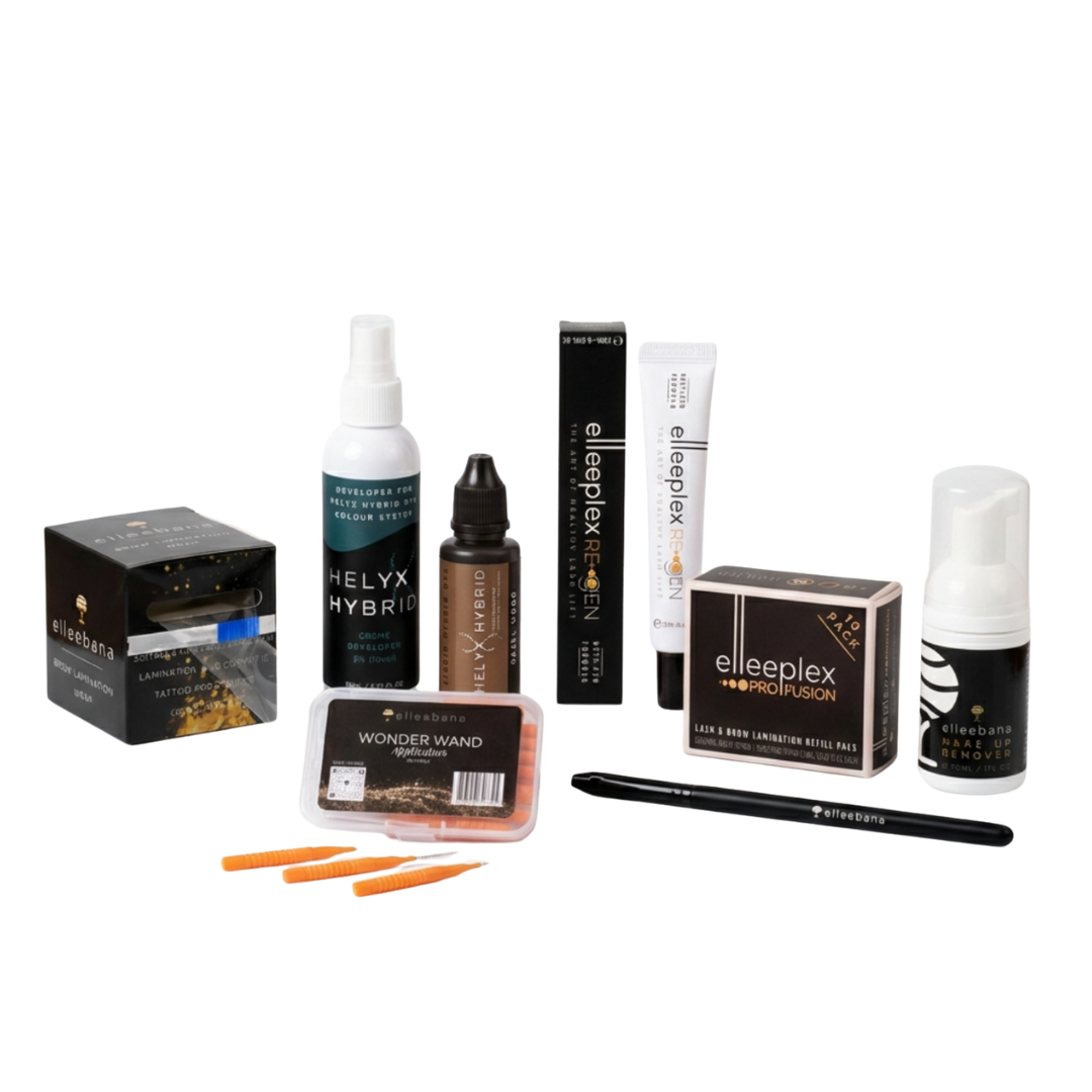 Complete Elleebana professional brow lamination kit displaying Elleeplex ProFusion lotions, ReGEN treatment, cleanser, tint or hybrid stain options, brow wrap, and application tools on a clean studio background.
