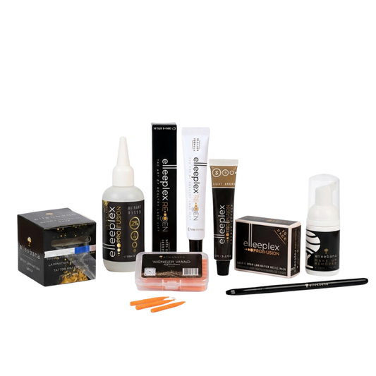 Complete Elleebana professional brow lamination kit displaying Elleeplex ProFusion lotions, ReGEN treatment, cleanser, tint or hybrid stain options, brow wrap, and application tools on a clean studio background.