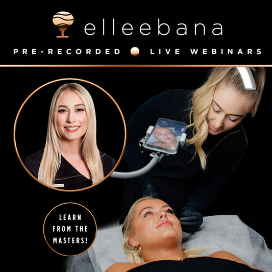 Promotional graphic for the Elleebana online webinar "Determining Lash Readiness with Flex and Set Checking," presented by Master Educator Lauren Borowski, covering timing and techniques for flex and set testing during lash lifts.