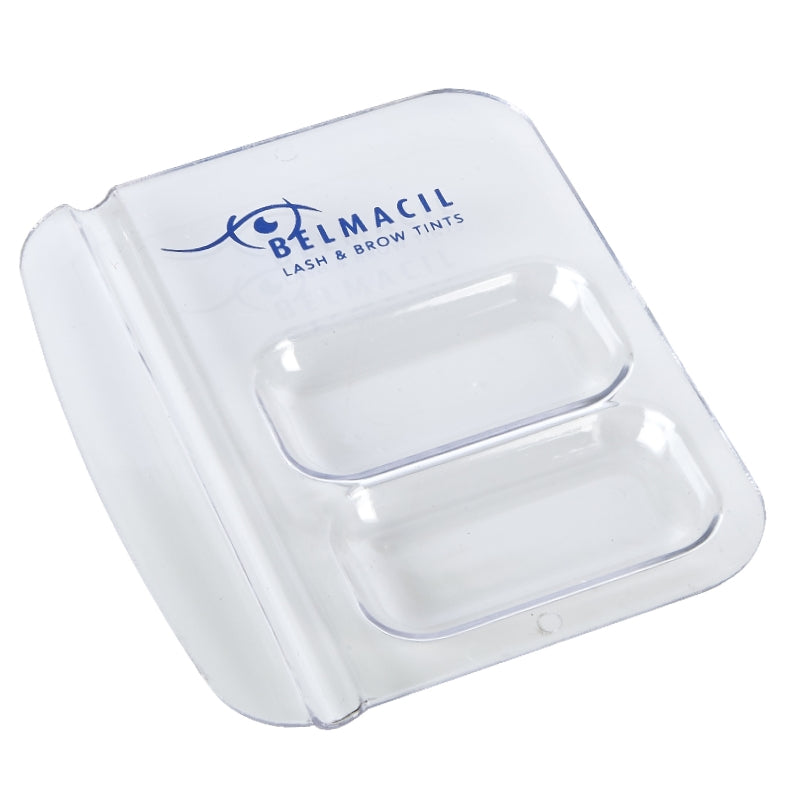 Dual-compartment lash lift and brow lamination mixing palette featuring integrated brush rests, designed for simultaneous tint blending, ombre brow customisation, and lotion dispensing.