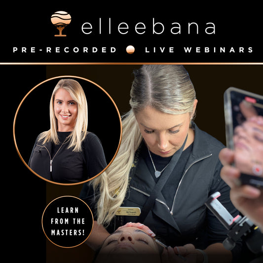 Promotional graphic for the Elleebana online webinar "Elevate Your Lash & Brow Business: Strategies for Maximum Growth," hosted by Master Educators Amy Carnelley and Abi Draycott, detailing business growth, competitor analysis, and retail strategies.