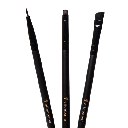 ElleeBRUSH Trilogy Set featuring Angle Tip, Fine Tip, and Flat Tip synthetic brushes designed for precise lotion application, brow tinting, and lash lifting.