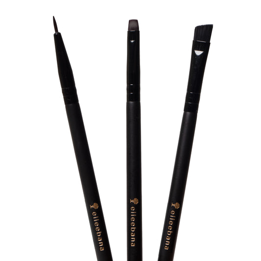 ElleeBRUSH Trilogy Set featuring Angle Tip, Fine Tip, and Flat Tip synthetic brushes designed for precise lotion application, brow tinting, and lash lifting.