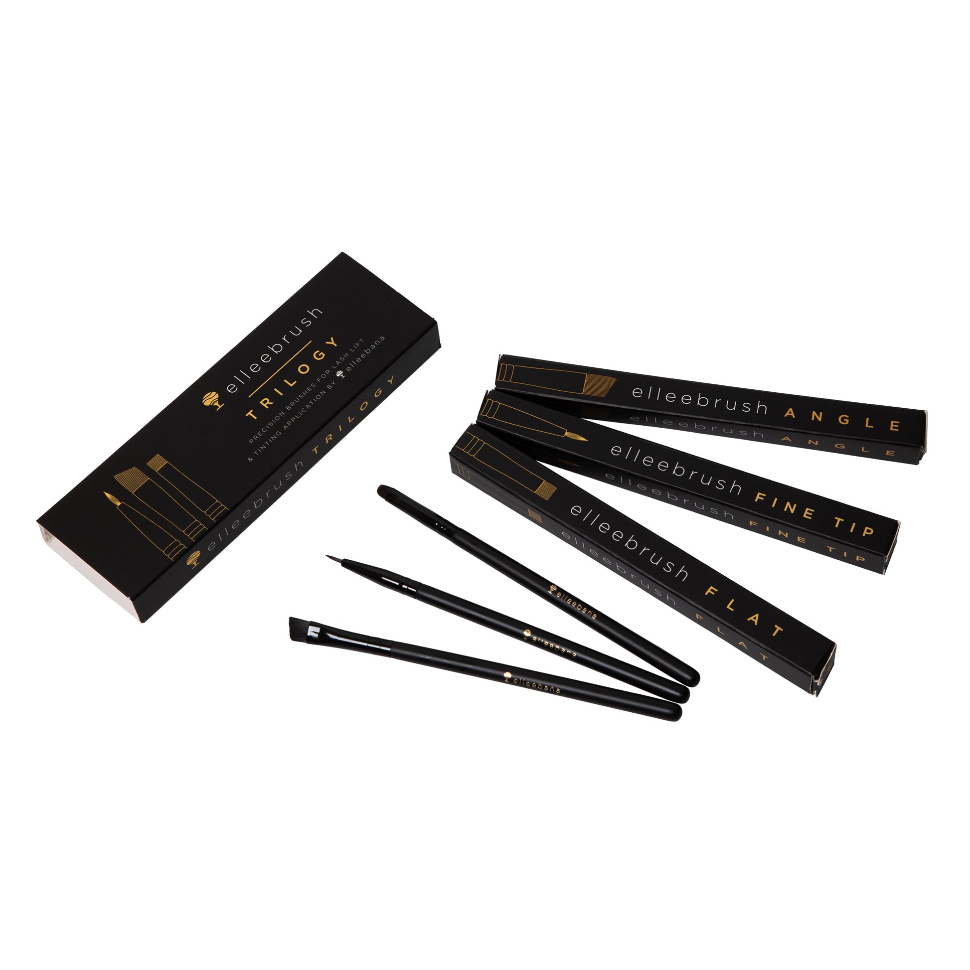ElleeBRUSH Trilogy Set featuring Angle Tip, Fine Tip, and Flat Tip synthetic brushes designed for precise lotion application, brow tinting, and lash lifting.
