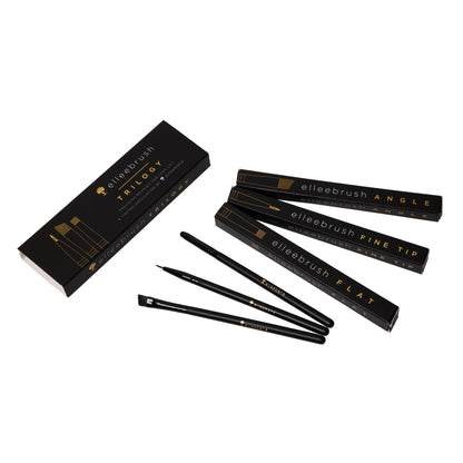 ElleeBRUSH Trilogy Set featuring Angle Tip, Fine Tip, and Flat Tip synthetic brushes designed for precise lotion application, brow tinting, and lash lifting.