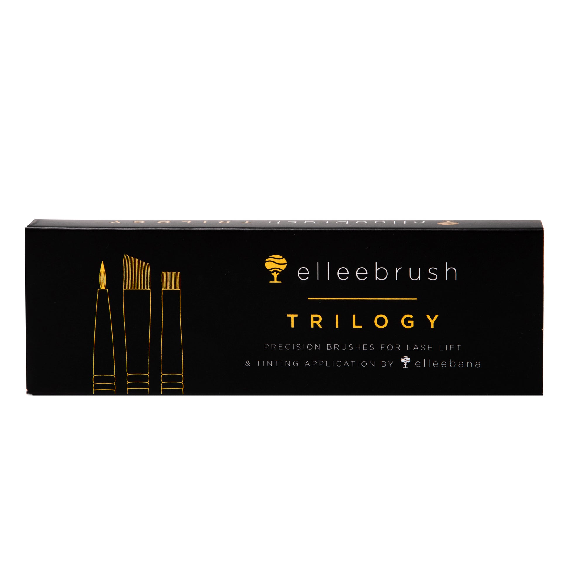 ElleeBRUSH Trilogy Set featuring Angle Tip, Fine Tip, and Flat Tip synthetic brushes designed for precise lotion application, brow tinting, and lash lifting.