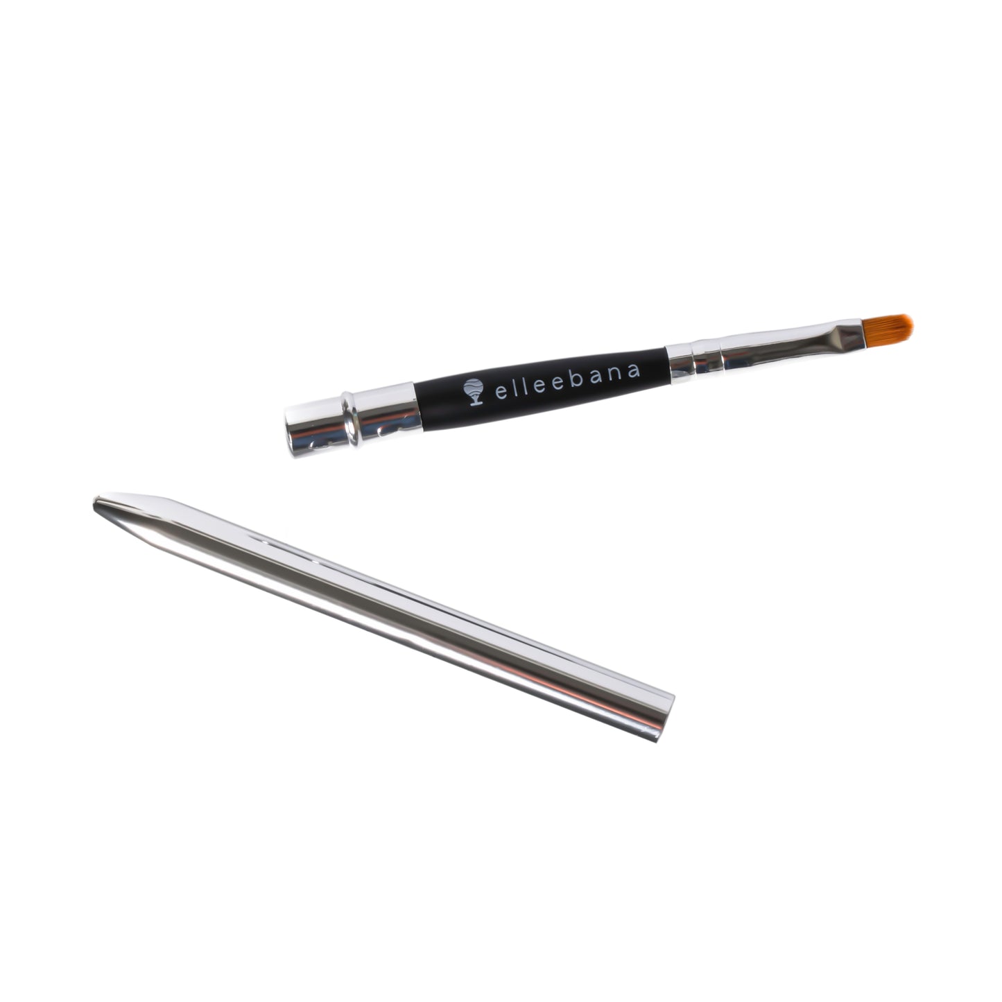 A sleek Elleebana application brush with its matching protective transformer casing, resting next to professional lash and brow tinting products on a clean salon surface.