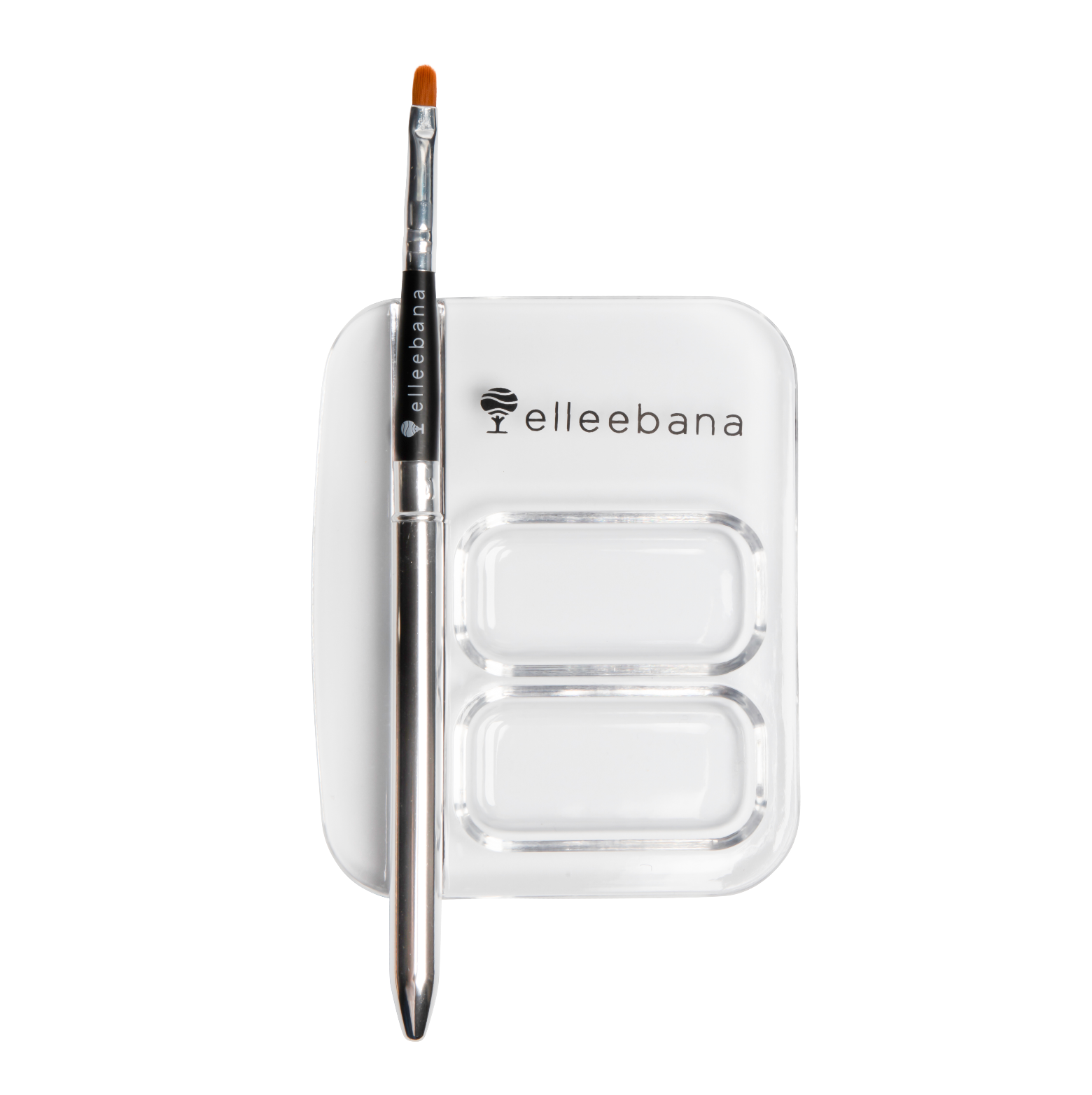 A sleek Elleebana application brush with its matching protective transformer casing, resting next to professional lash and brow tinting products on a clean salon surface.