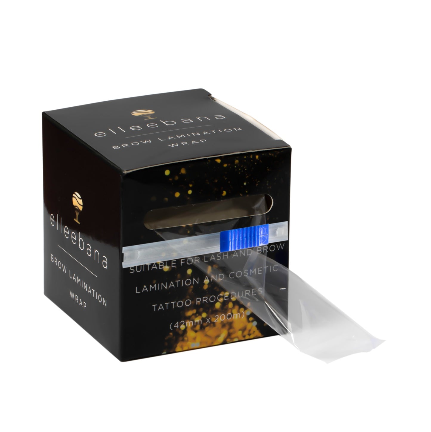 Roll of 42mm x 200m clear plastic brow lamination wrap with built-in cutter box, designed for covering eyebrows during lamination processing and pre-PMU numbing cream applications.