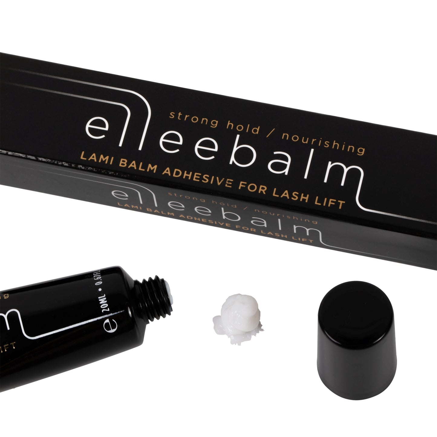20ml jar of Elleebana Ellee-Balm vegan lami balm adhesive, formulated with amino acids, plant proteins, and jojoba oil to secure lashes during lift services without interfering with lotion processing time.