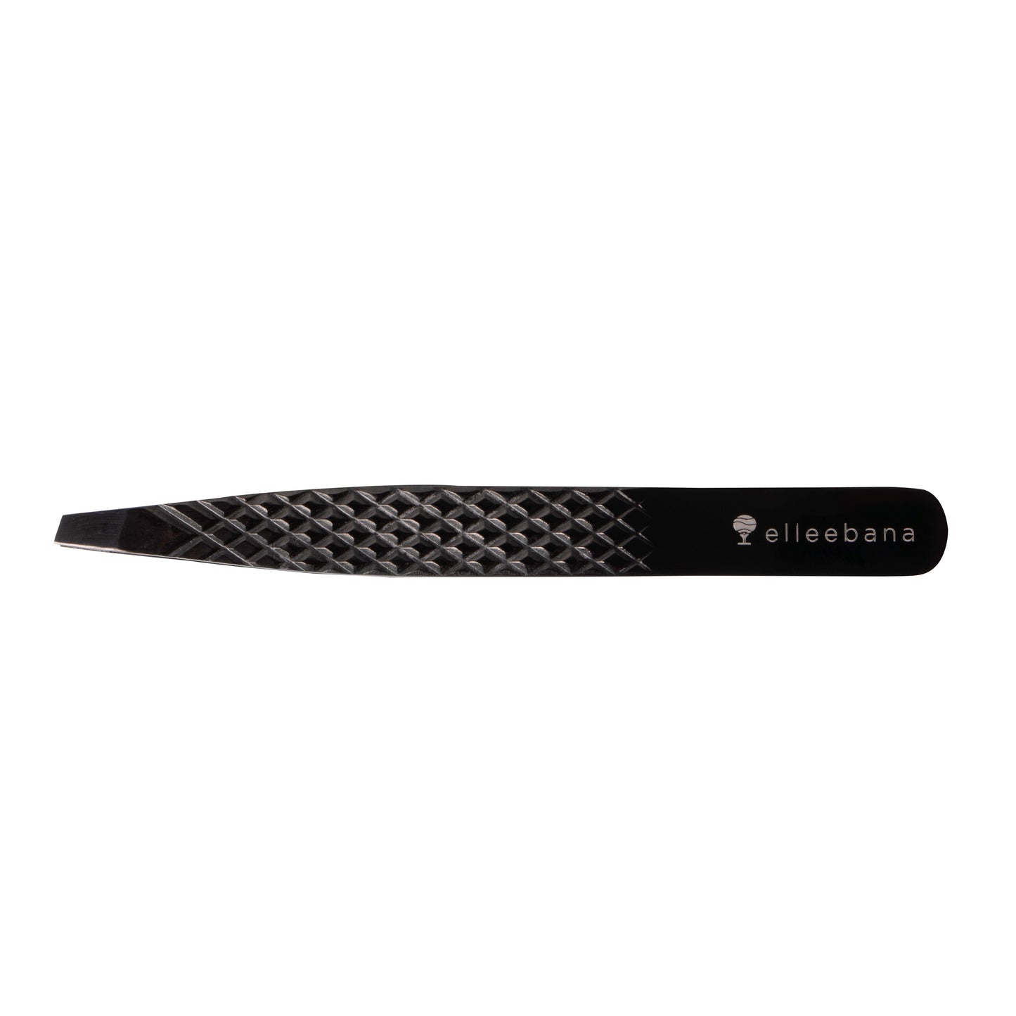 Professional Elleebana Ellee-Brow tweezers featuring a diamond grip and light tension design, presented in a protective ziplock storage case.