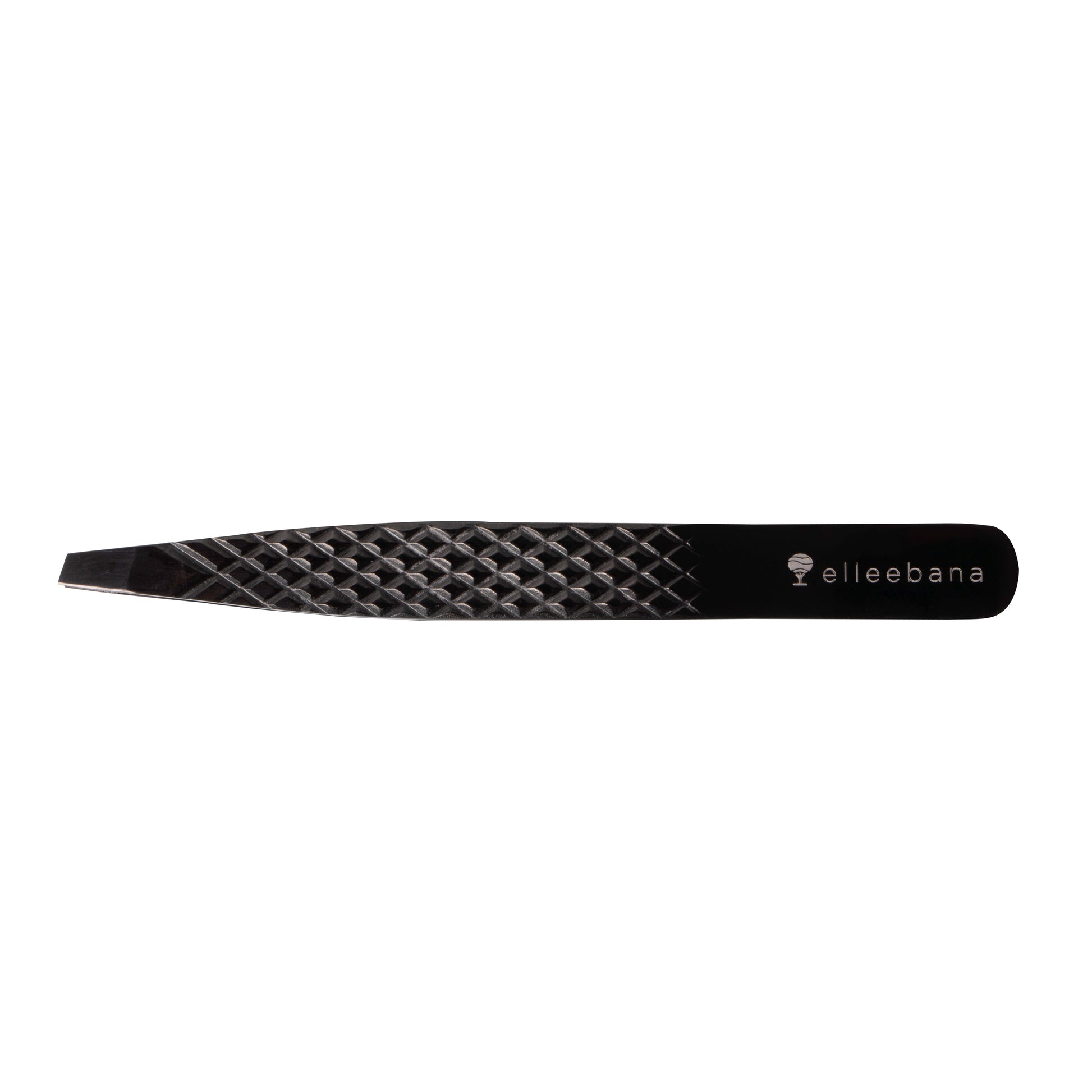 Professional Elleebana Ellee-Brow tweezers featuring a diamond grip and light tension design, presented in a protective ziplock storage case.