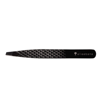 Professional Elleebana Ellee-Brow tweezers featuring a diamond grip and light tension design, presented in a protective ziplock storage case.