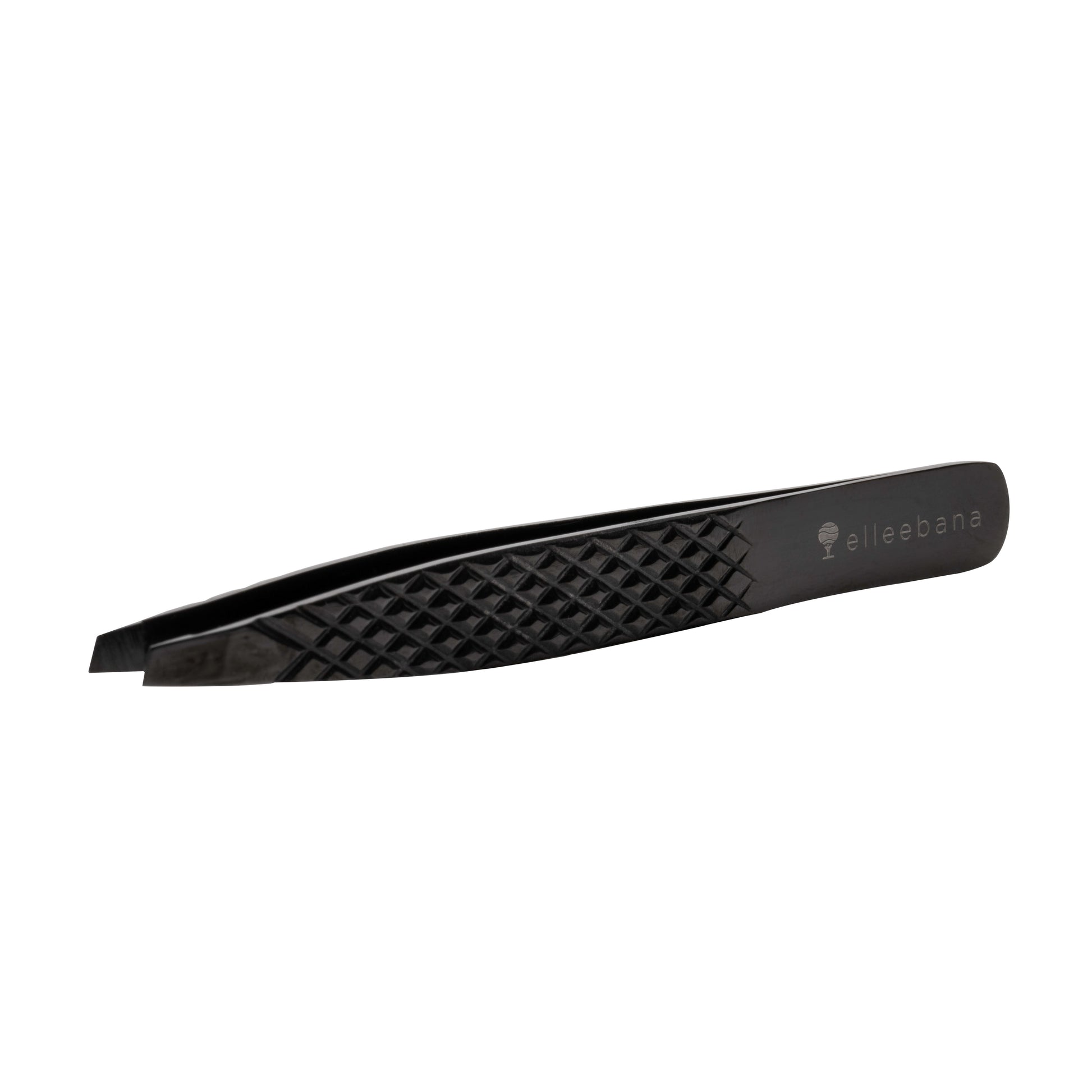 Professional Elleebana Ellee-Brow tweezers featuring a diamond grip and light tension design, presented in a protective ziplock storage case.