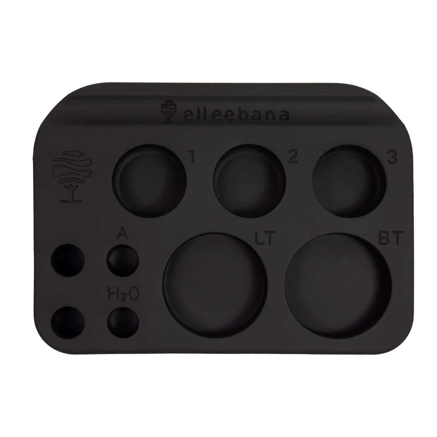 Multi-section Elleebana Ellee-PALETTE made of heat-safe, non-slip silicone with dedicated wells for lift lotions, tints, adhesives, and brushes for lash and brow treatments.