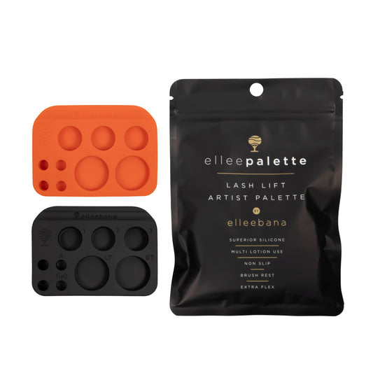 Multi-section Elleebana Ellee-PALETTE made of heat-safe, non-slip silicone with dedicated wells for lift lotions, tints, adhesives, and brushes for lash and brow treatments.