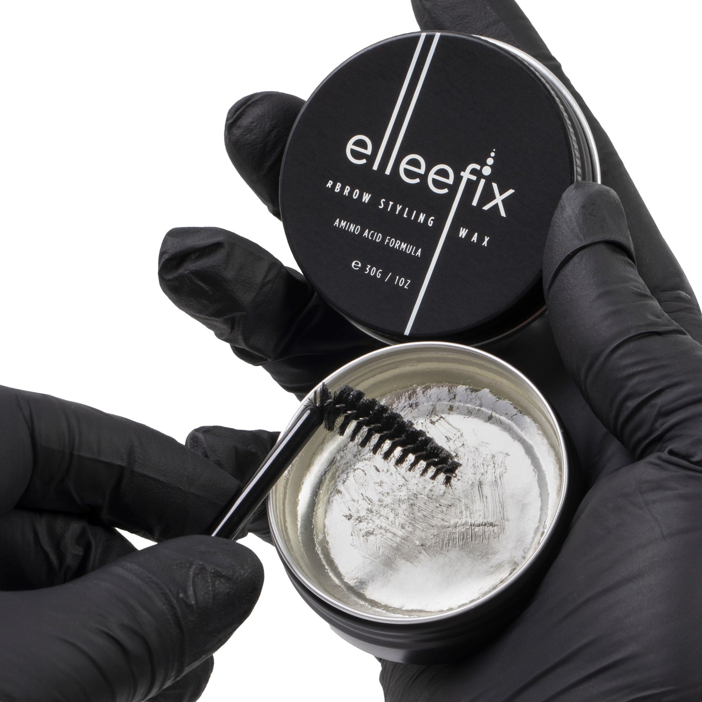 30g jar of Elleebana Elleefix Brow Styling Wax, a vegan daily lamination styling balm infused with sunflower oil, argan oil, and vitamins to nourish and hold stubborn eyebrow hairs for 50+ treatments.