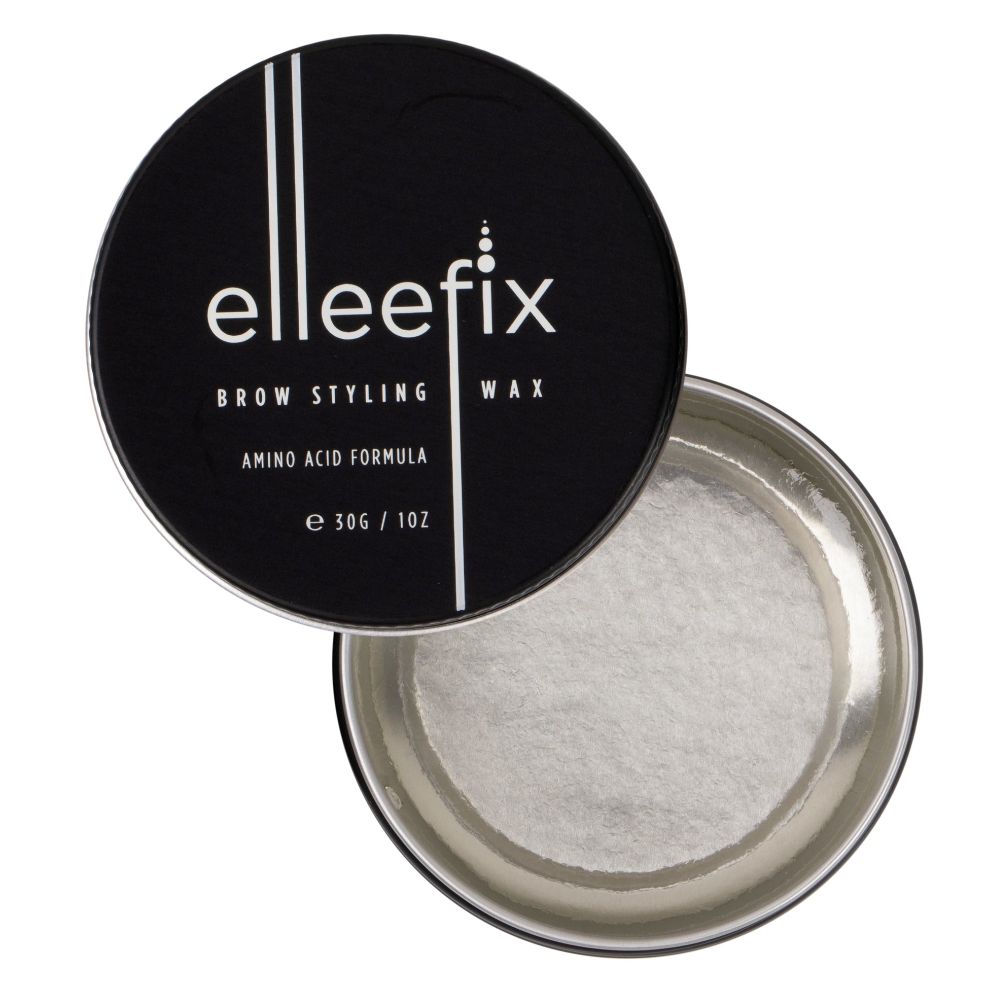 30g jar of Elleebana Elleefix Brow Styling Wax, a vegan daily lamination styling balm infused with sunflower oil, argan oil, and vitamins to nourish and hold stubborn eyebrow hairs for 50+ treatments.