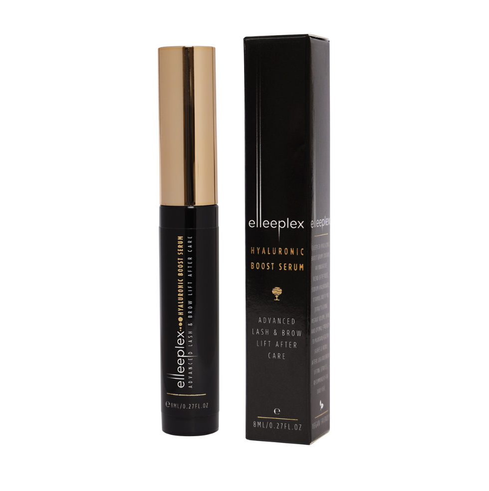 8ml bottle of Elleebana Elleeplex Hyaluronic Boost Serum, an Italian-made post-lift lash and brow serum formulated with sodium hyaluronate, peptides, and provitamin B5 for hydration and volume.
