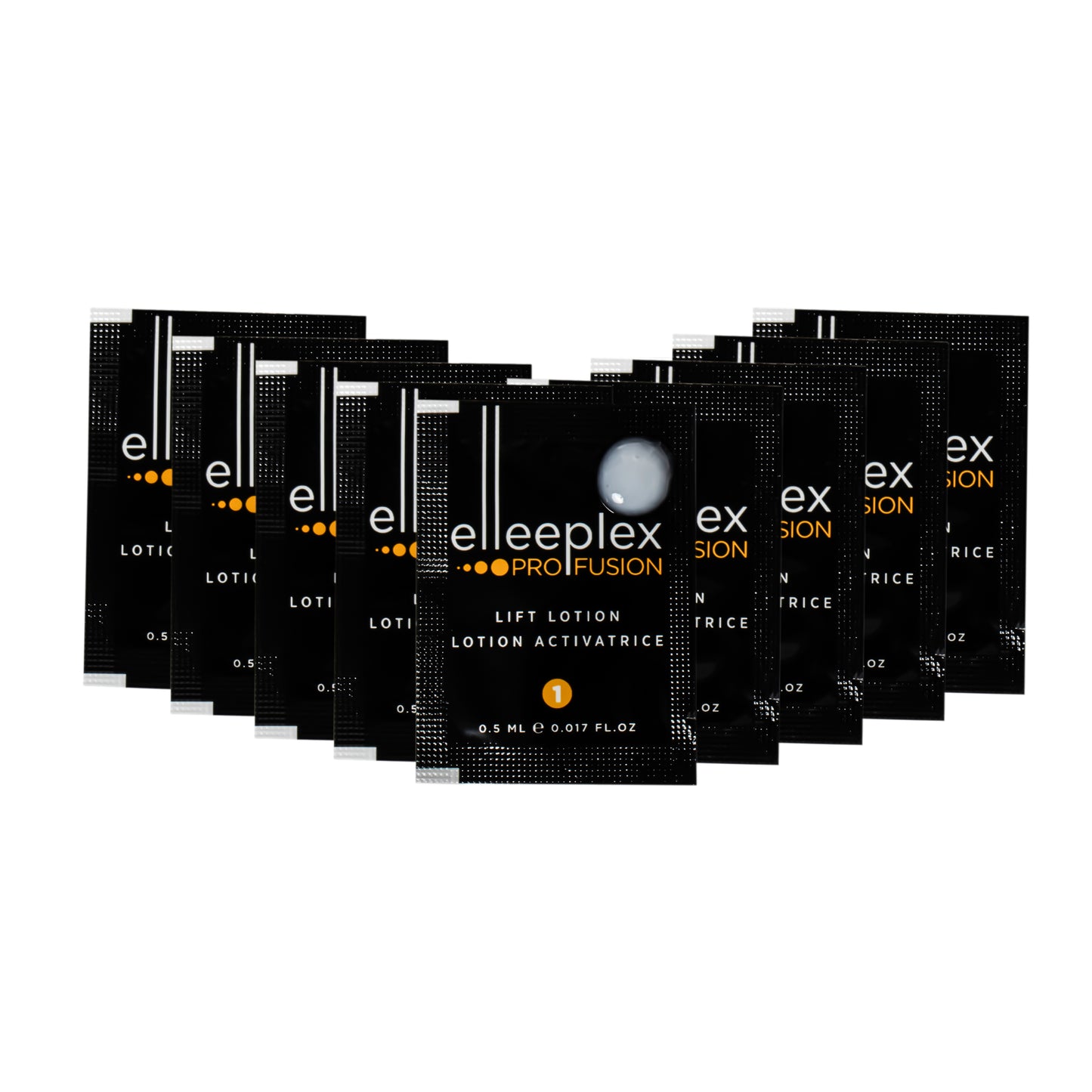 10-pack of individual Step 1 Elleeplex Profusion LIFT lotion sachets, designed as a standalone refill to break down disulfide bonds during the initial stage of lash and brow lamination treatments.
