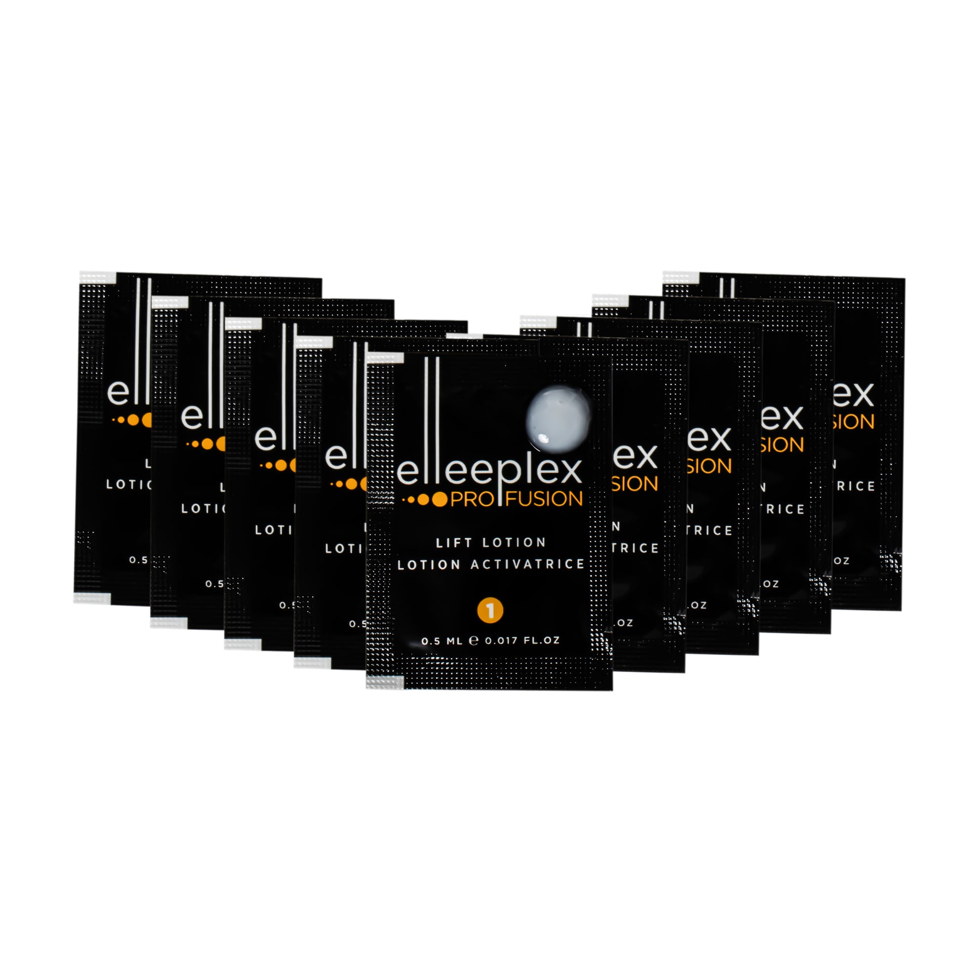 10-pack of individual Step 1 Elleeplex Profusion LIFT lotion sachets, designed as a standalone refill to break down disulfide bonds during the initial stage of lash and brow lamination treatments.