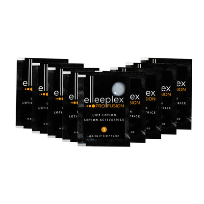 10-pack of individual Step 1 Elleeplex Profusion LIFT lotion sachets, designed as a standalone refill to break down disulfide bonds during the initial stage of lash and brow lamination treatments.