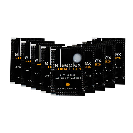 10-pack of individual Step 1 Elleeplex Profusion LIFT lotion sachets, designed as a standalone refill to break down disulfide bonds during the initial stage of lash and brow lamination treatments.