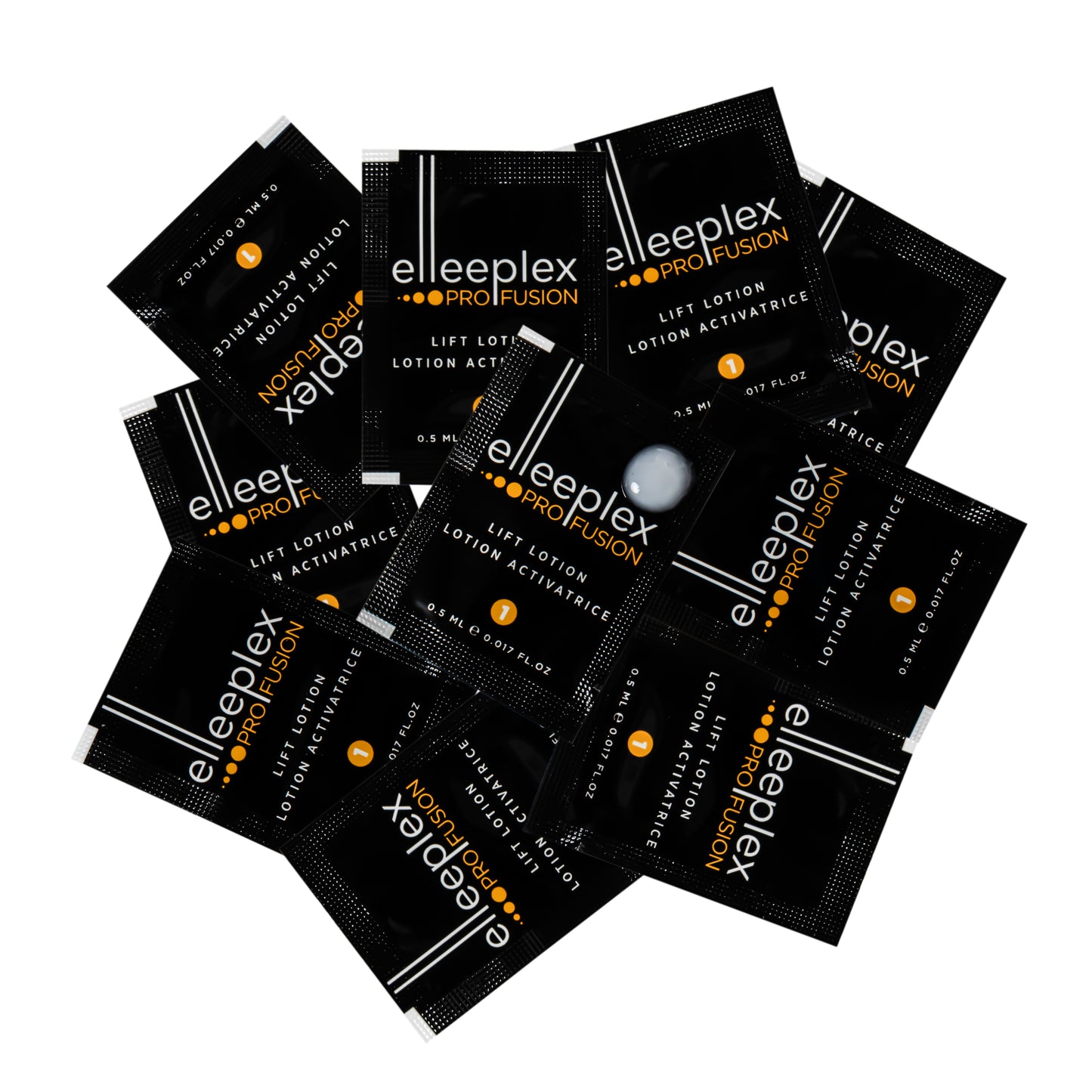 10-pack of individual Step 1 Elleeplex Profusion LIFT lotion sachets, designed as a standalone refill to break down disulfide bonds during the initial stage of lash and brow lamination treatments.