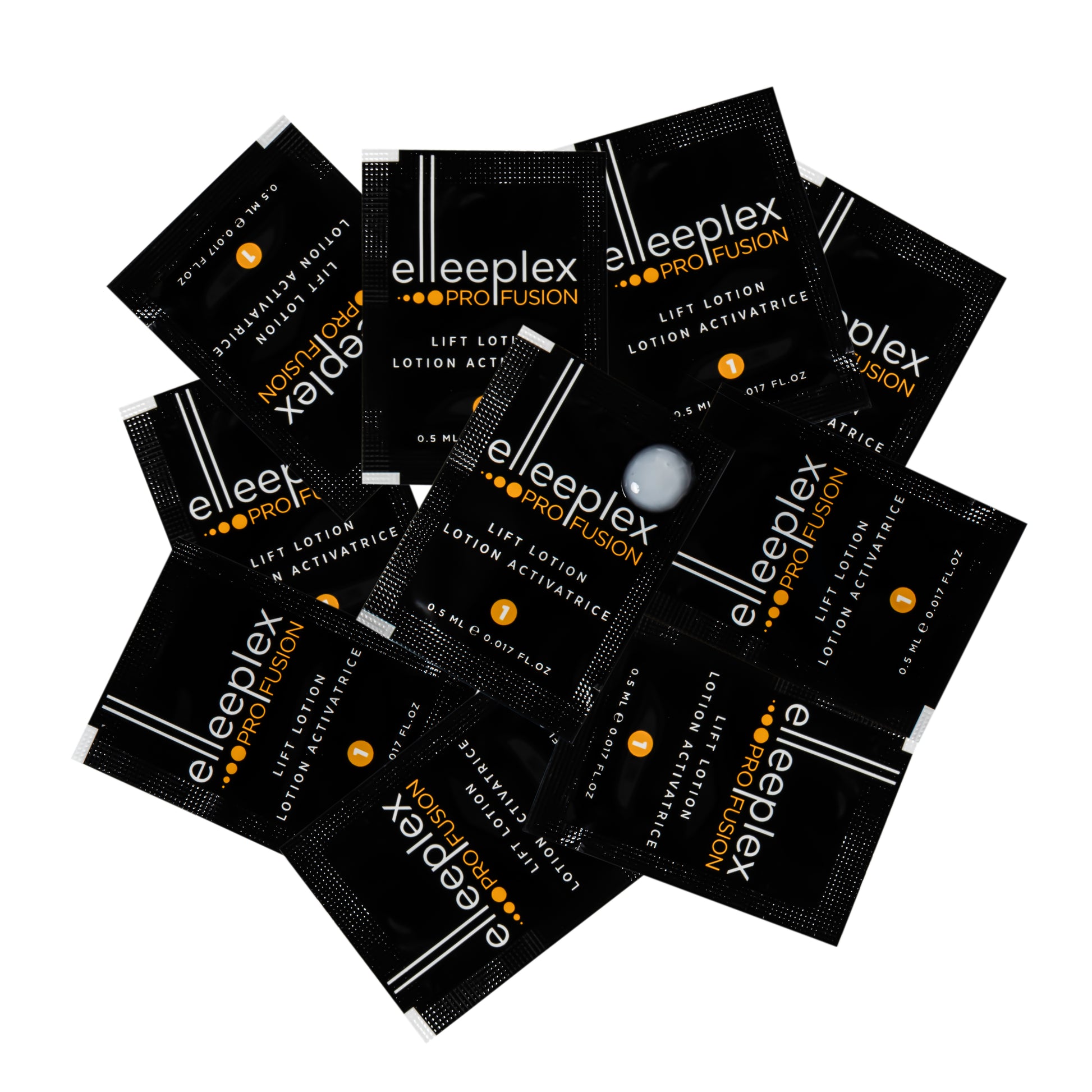 10-pack of individual Step 1 Elleeplex Profusion LIFT lotion sachets, designed as a standalone refill to break down disulfide bonds during the initial stage of lash and brow lamination treatments.