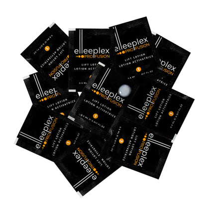 10-pack of individual Step 1 Elleeplex Profusion LIFT lotion sachets, designed as a standalone refill to break down disulfide bonds during the initial stage of lash and brow lamination treatments.