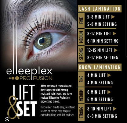  Pack of 10 lifting and 10 setting single-use lotion sachets for Elleebana Elleeplex Profusion lash lifting and brow lamination, featuring a vegan, TGA-free, cysteamine-based formula made in Australia.
