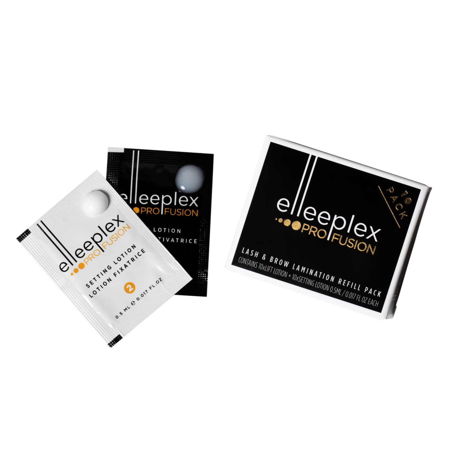 Pack of 10 lifting and 10 setting single-use lotion sachets for Elleebana Elleeplex Profusion lash lifting and brow lamination, featuring a vegan, TGA-free, cysteamine-based formula made in Australia.